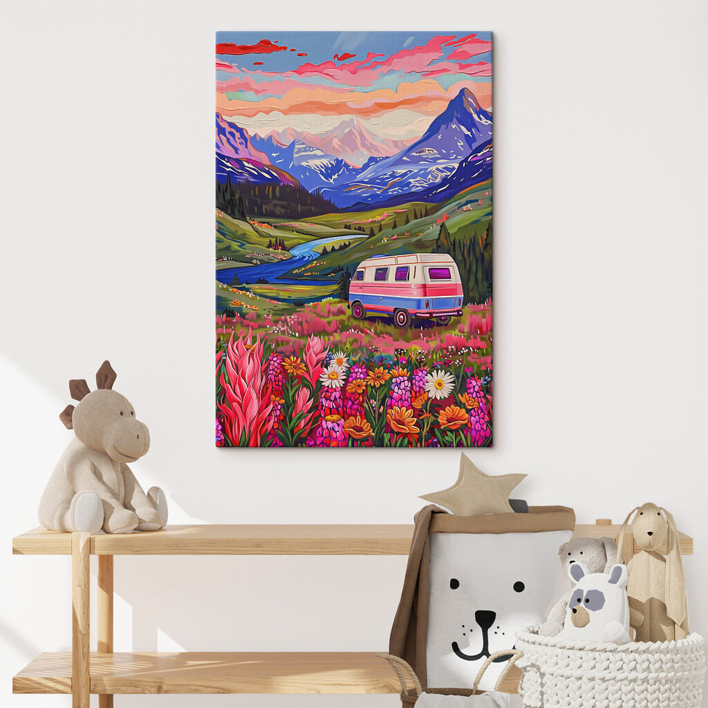 Un furgone che attraversa una valle tra fiori e montagne s38259pir11m 1024x1024 - Un furgone che attraversa una valle tra fiori e montagne - tegory