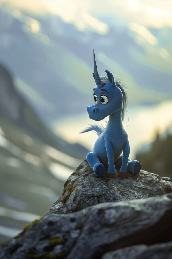 s38274p 600x900 - Una vignetta che raffigura un unicorno blu seduto su una roccia - tegory