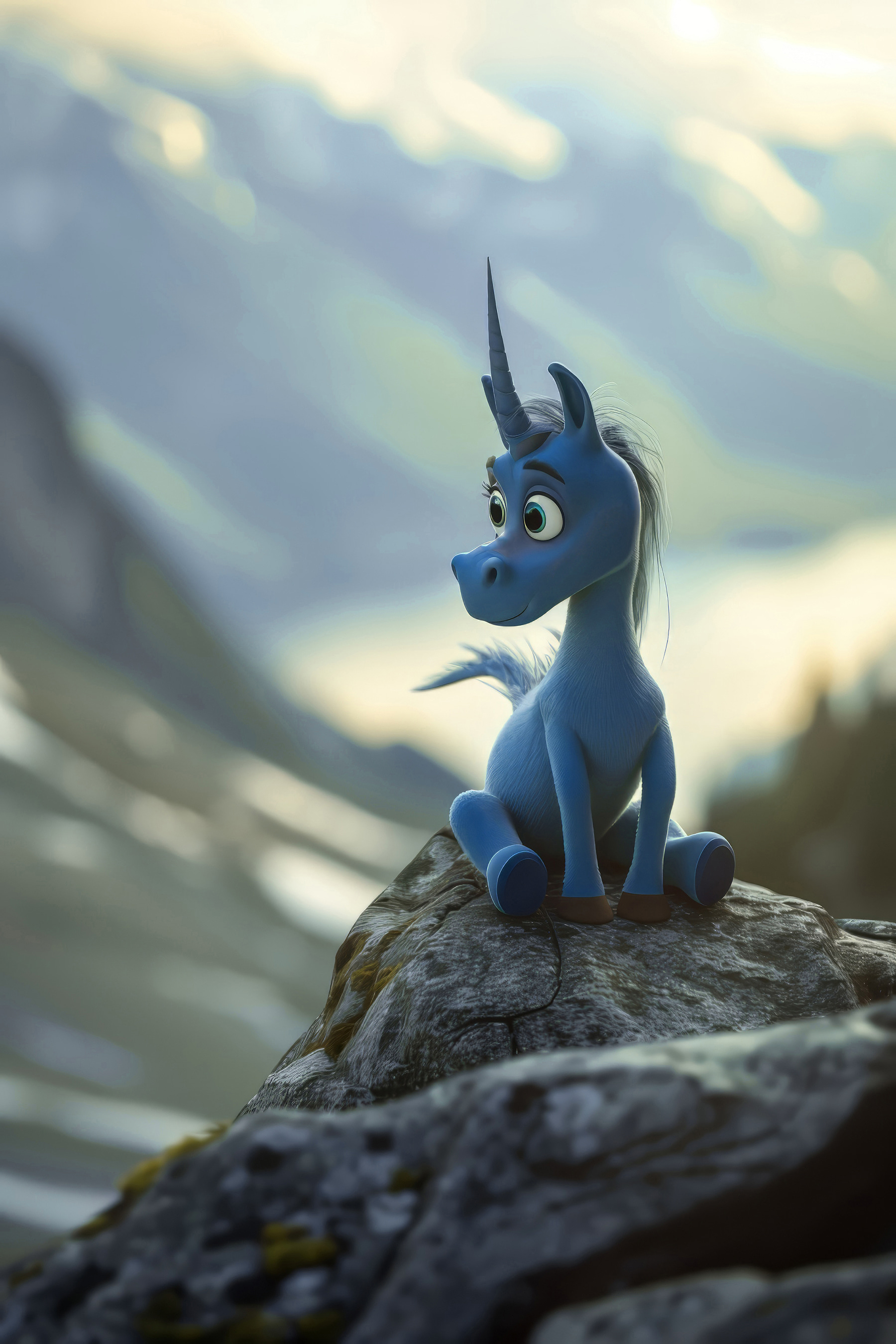 s38274p - Una vignetta che raffigura un unicorno blu seduto su una roccia - tegory