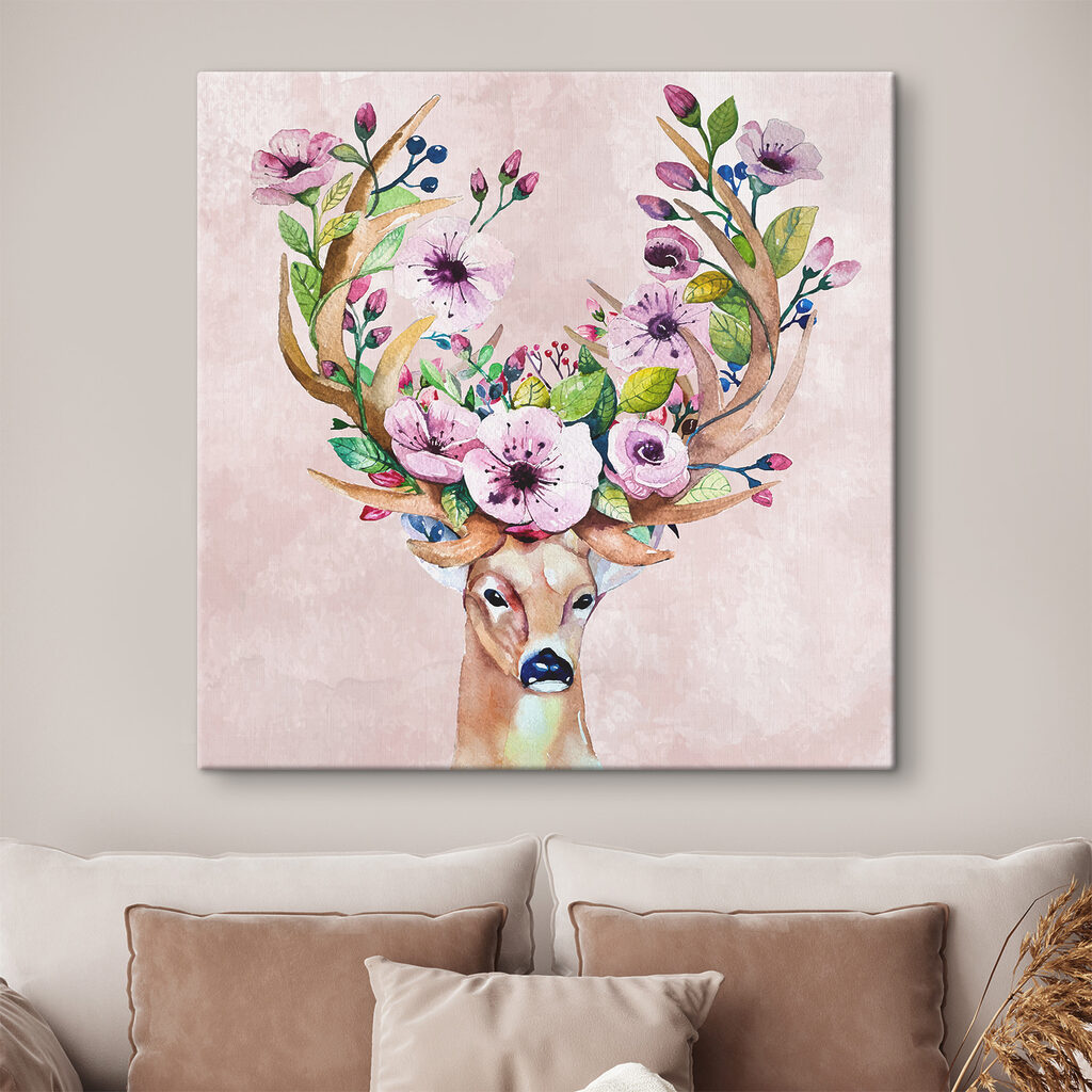 A watercolor painting of a deer with flowers on horns