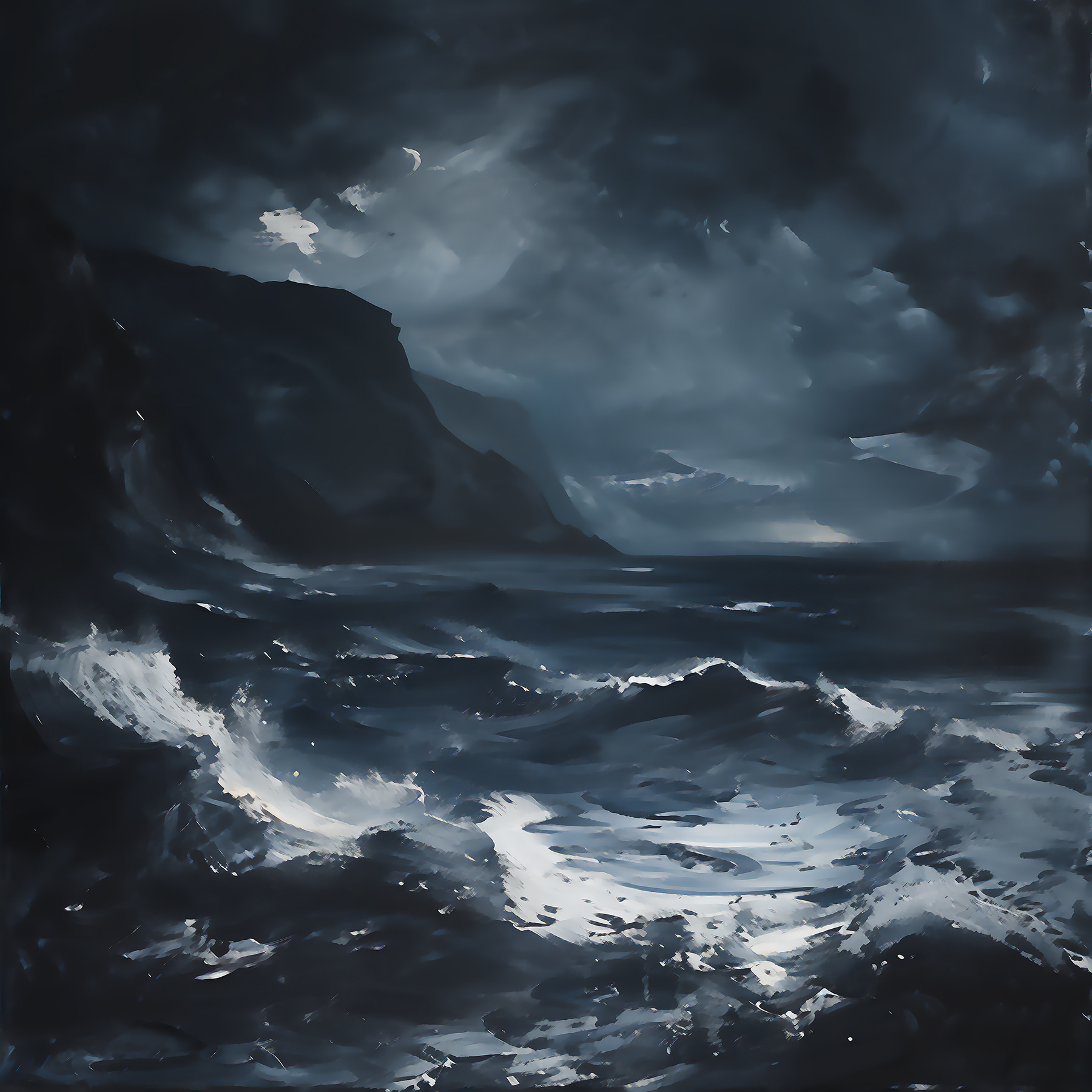 A stormy sea with mountains and clouds
