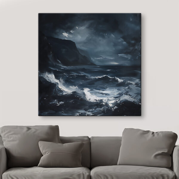 A stormy sea with mountains and clouds