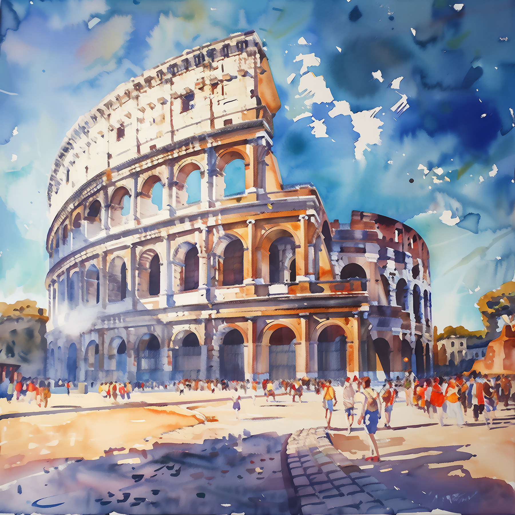 A watercolor of a large building with many arches A watercolor of a large building with many arches