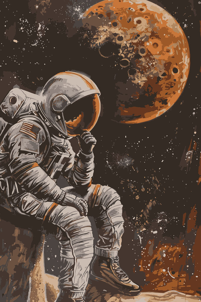 An astronaut sitting on a rock