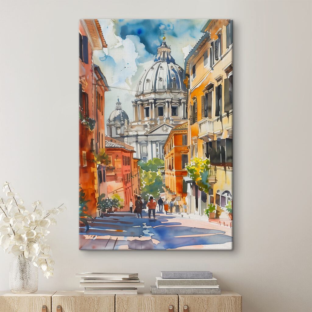 A watercolor painting of a street with buildings and a dome