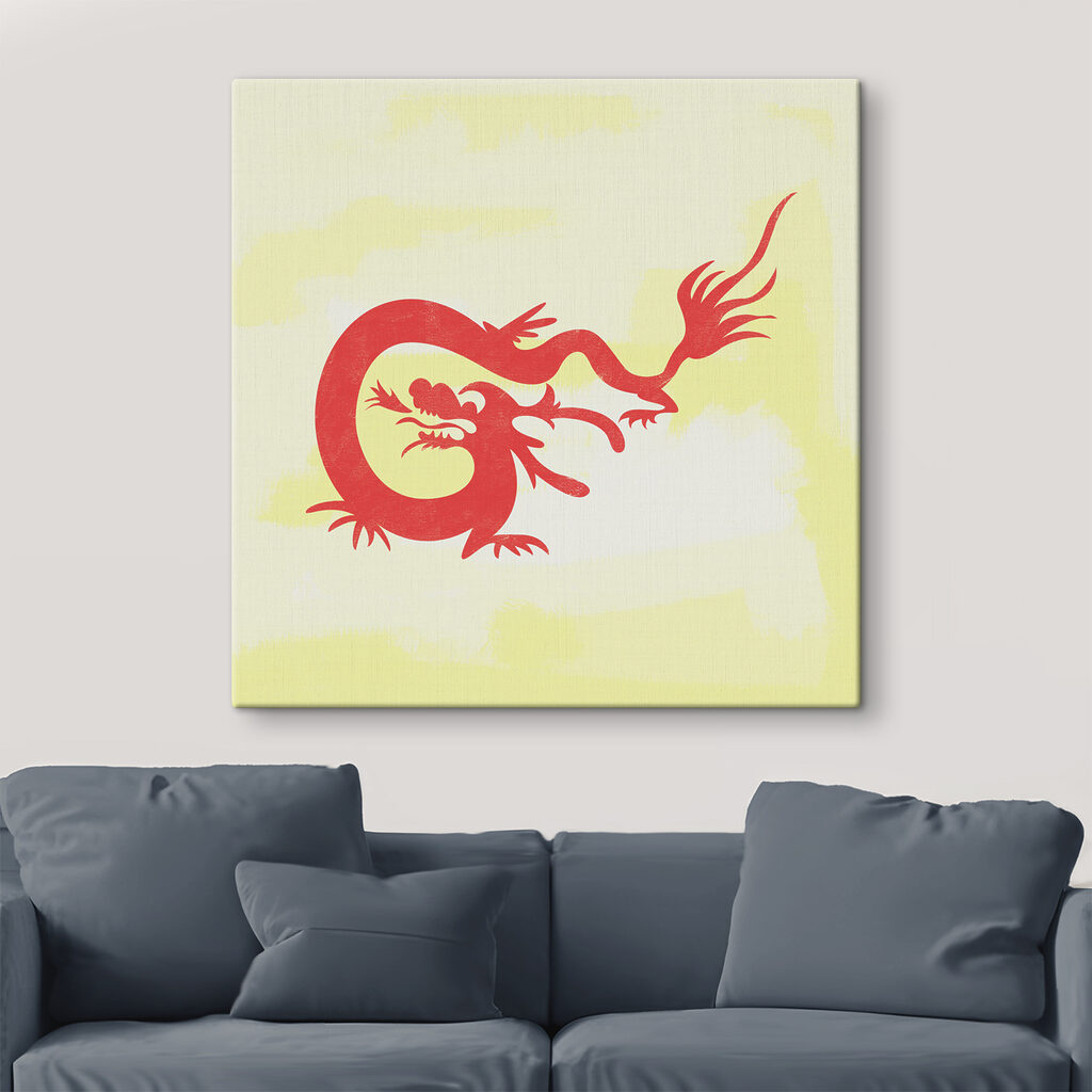 A red dragon on a yellow background