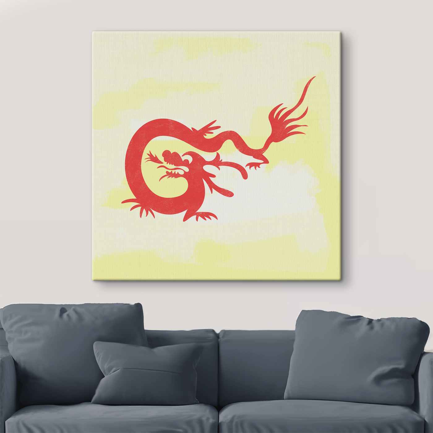 A red dragon on a yellow background