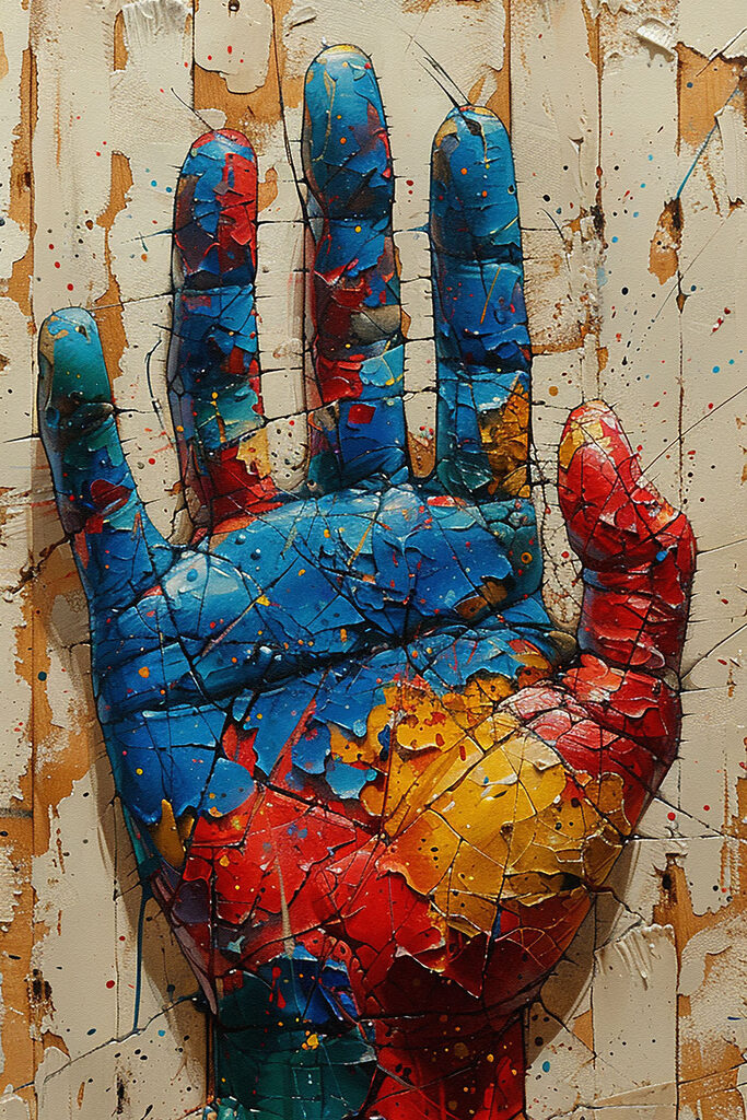 A cracked painted hand on a wood surface A cracked painted hand on a wood surface