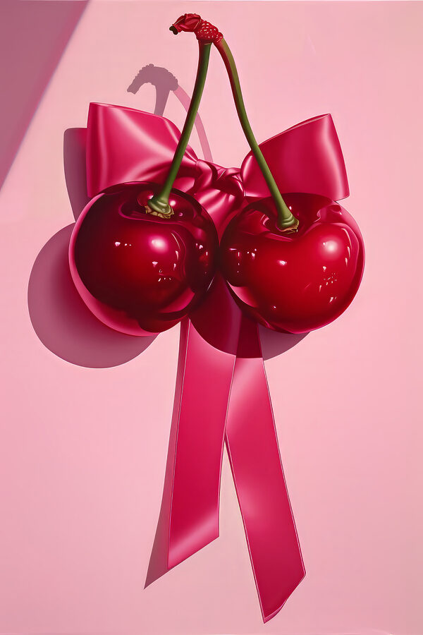 A pair of cherries tied to a bow A pair of cherries tied to a bow