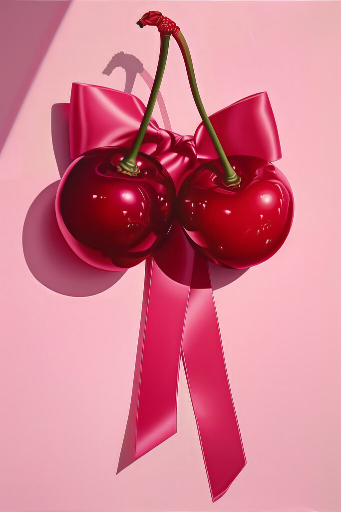 A pair of cherries tied to a bow A pair of cherries tied to a bow