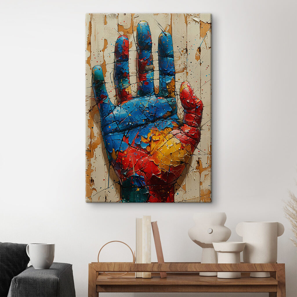 A cracked painted hand on a wood surface A cracked painted hand on a wood surface