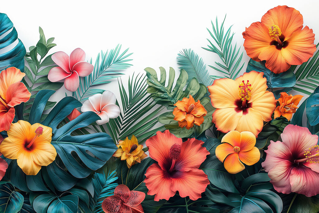 A group of colorful flowers and leaves