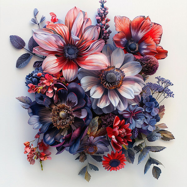 A group of flowers on a white surface