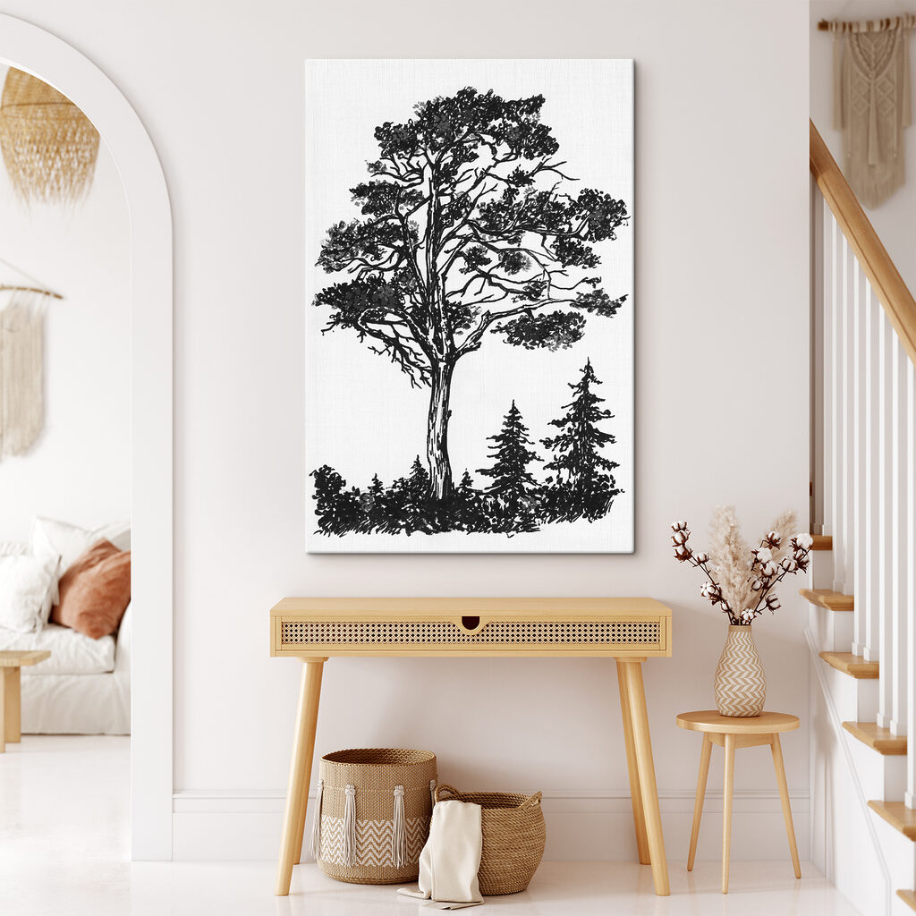 A black and white drawing of a tree
