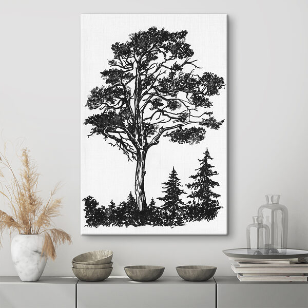 A black and white drawing of a tree