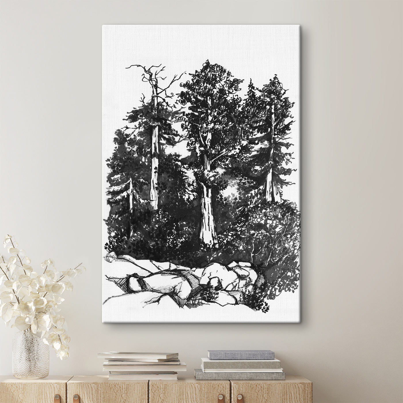 A drawing of trees and bushes