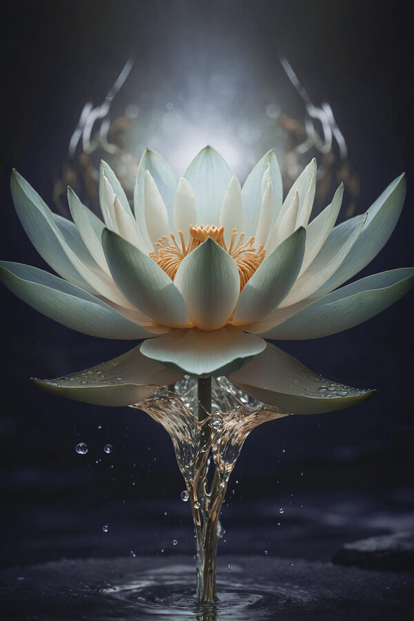 A white flower with yellow center and water splashing out