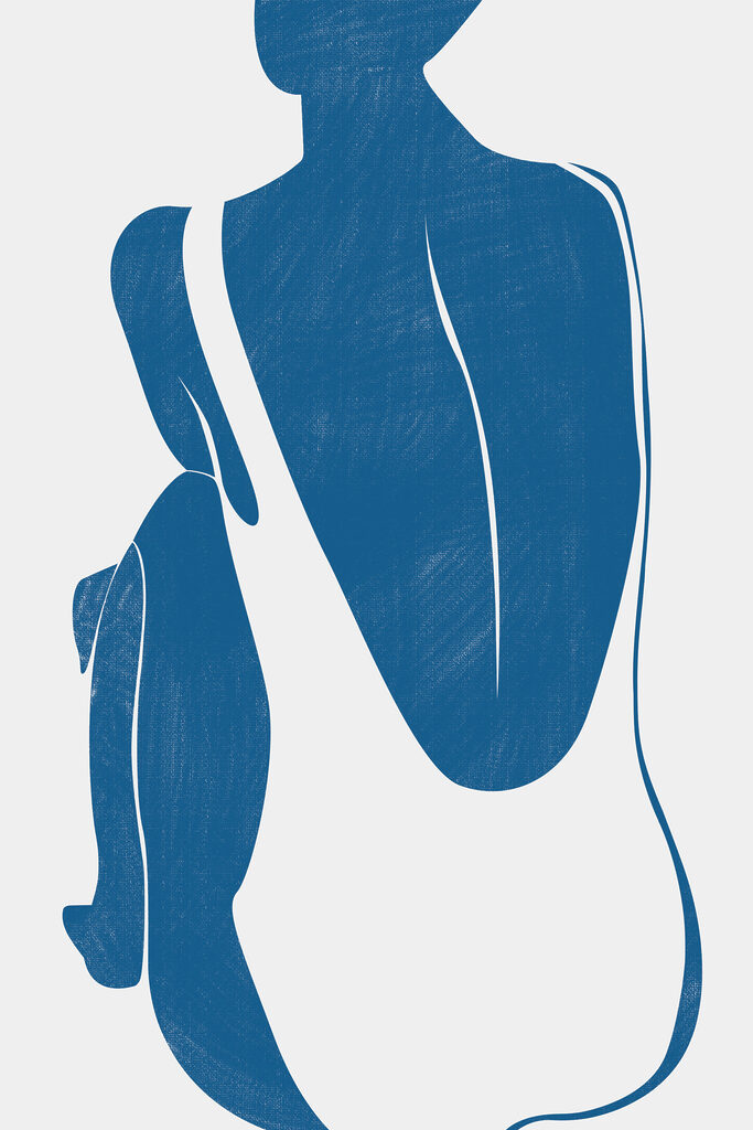 A blue and white silhouette of a woman and a penguin