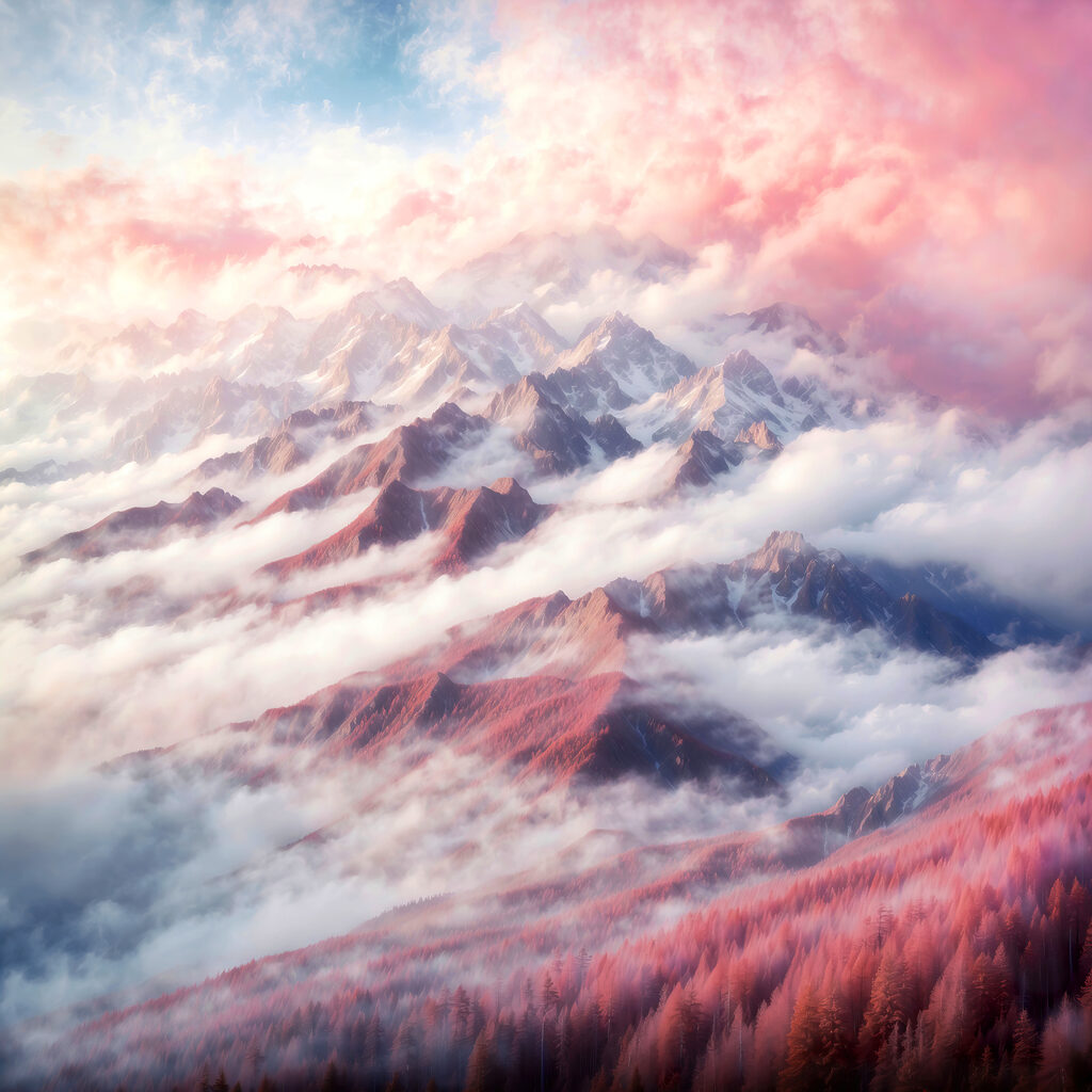 A mountain range with clouds and trees A mountain range with clouds and trees