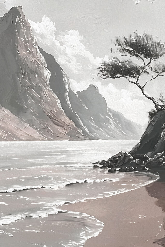 A beach with a tree and a body of water A beach with a tree and a body of water