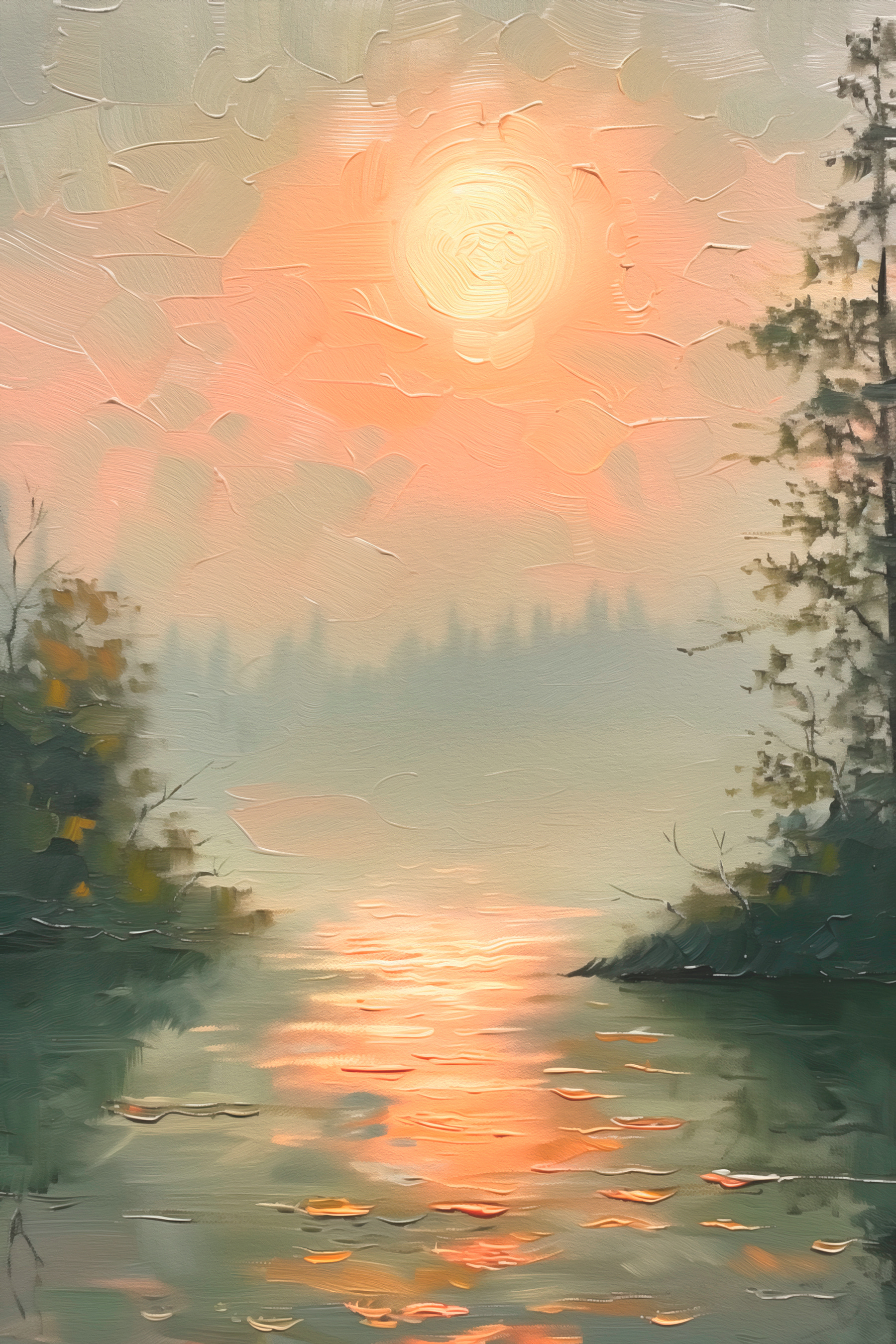 A painting of a sunset over a lake A painting of a sunset over a lake