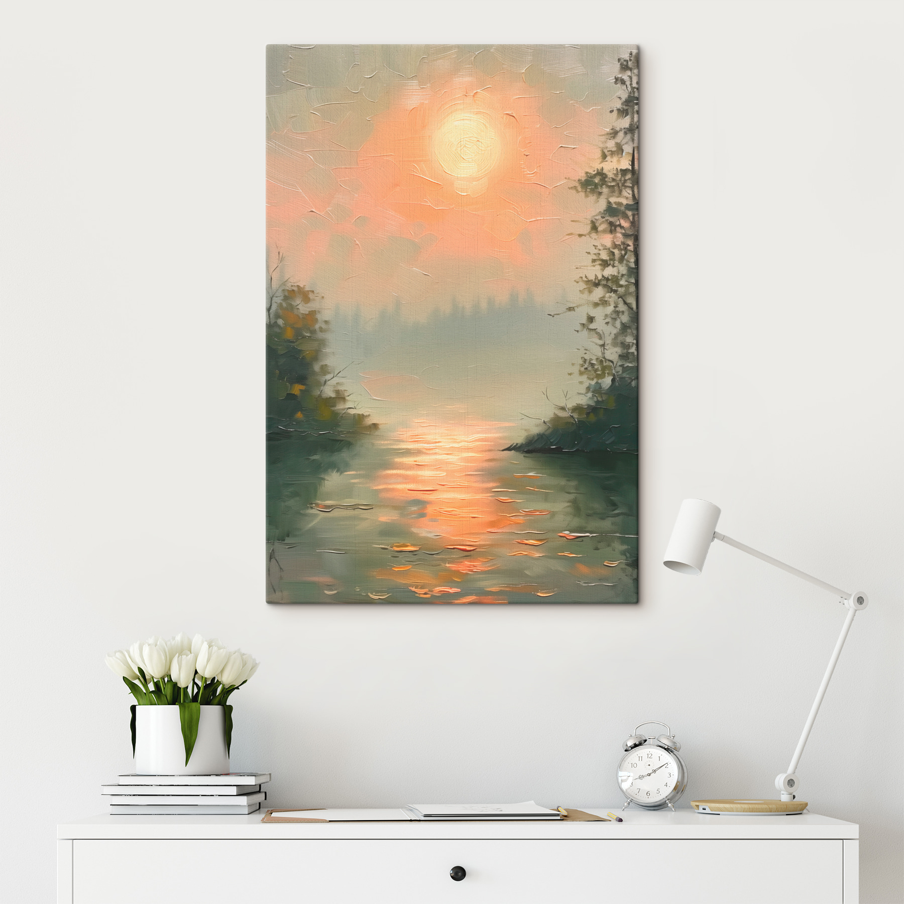 A painting of a sunset over a lake A painting of a sunset over a lake