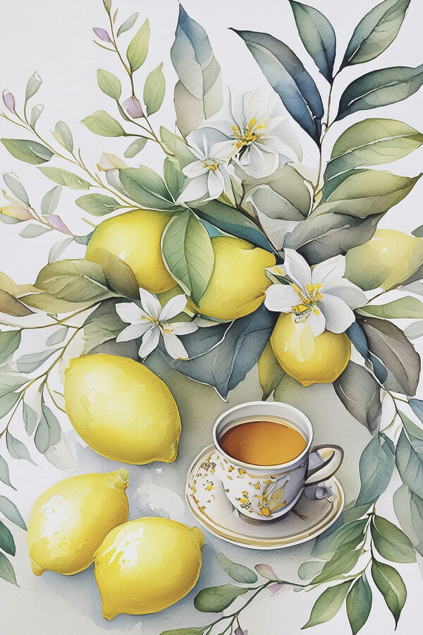 A painting of lemons and a cup of tea A painting of lemons and a cup of tea