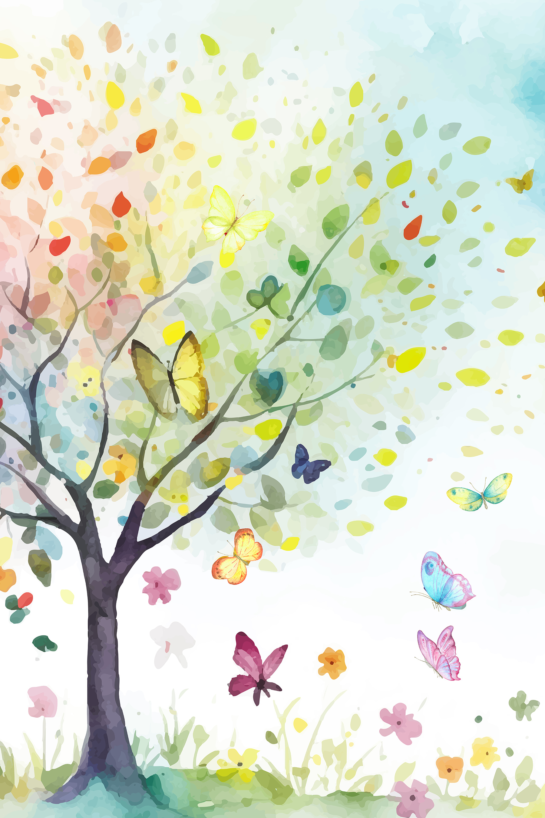 A tree with butterflies and leaves