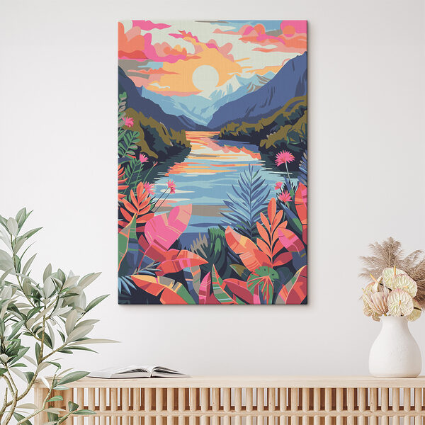 A river with flowers and mountains in the background A river with flowers and mountains in the background