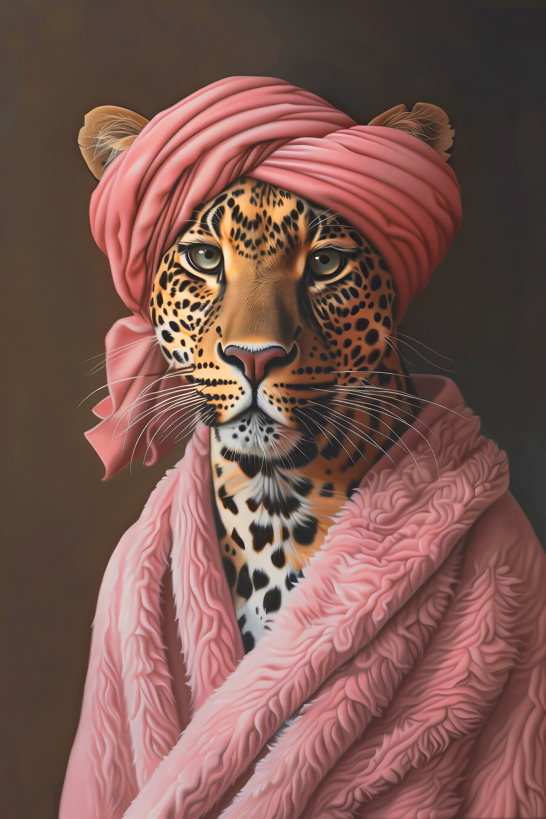 A leopard wearing a pink robe and a pink turban