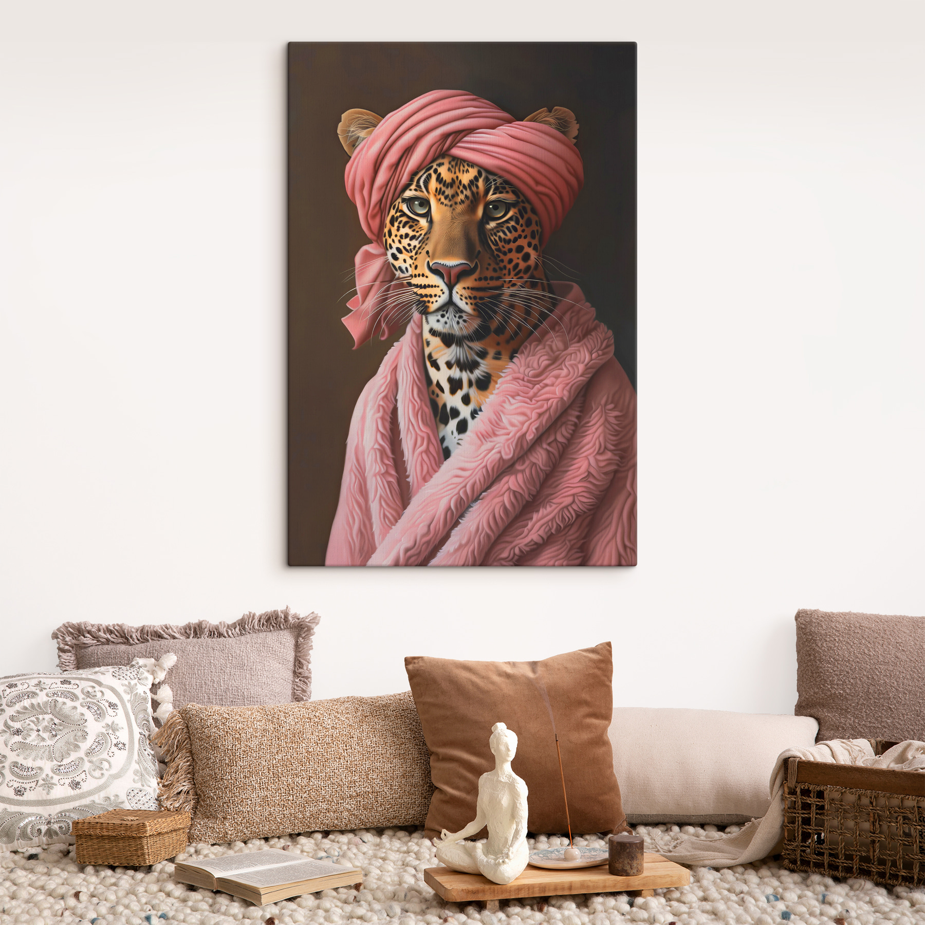 A leopard wearing a pink robe and a pink turban