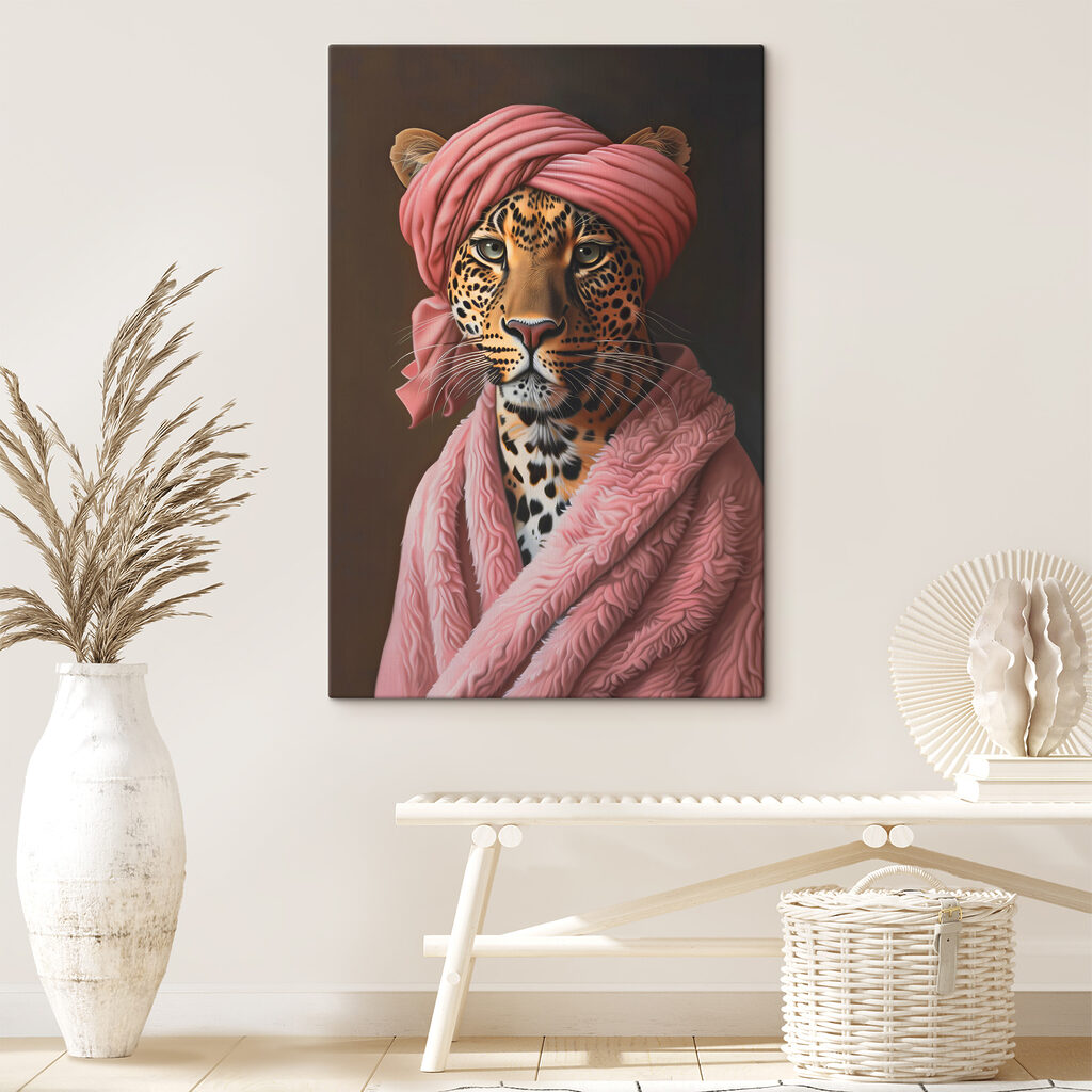 A leopard wearing a pink robe and a pink turban