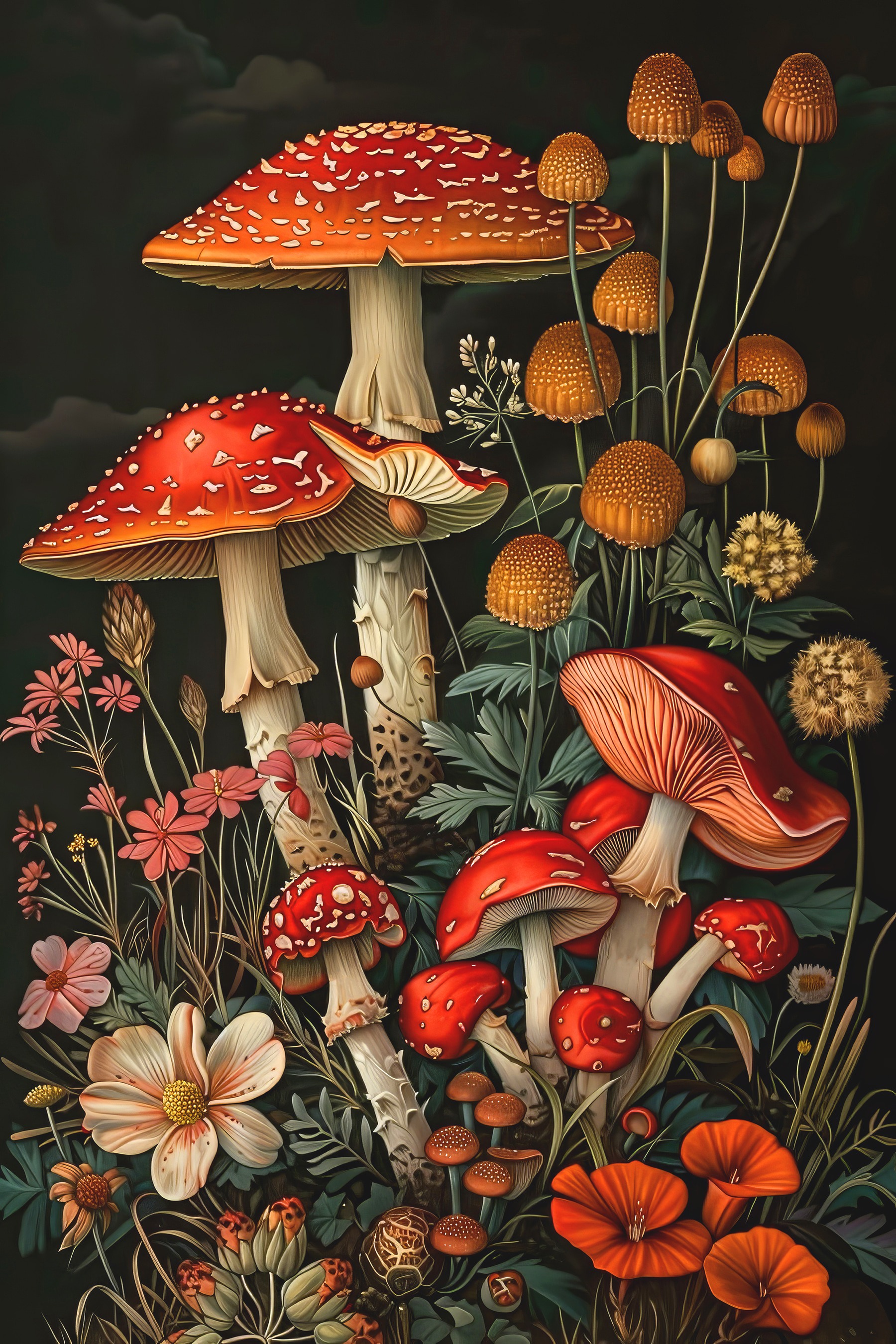 A painting of mushrooms and flowers A painting of mushrooms and flowers