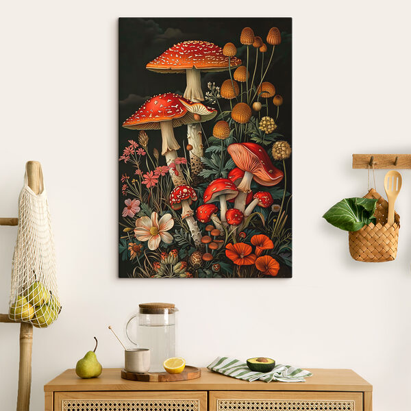 Un dipinto raffigurante funghi e fiori Quadri Un dipinto raffigurante funghi e fiori