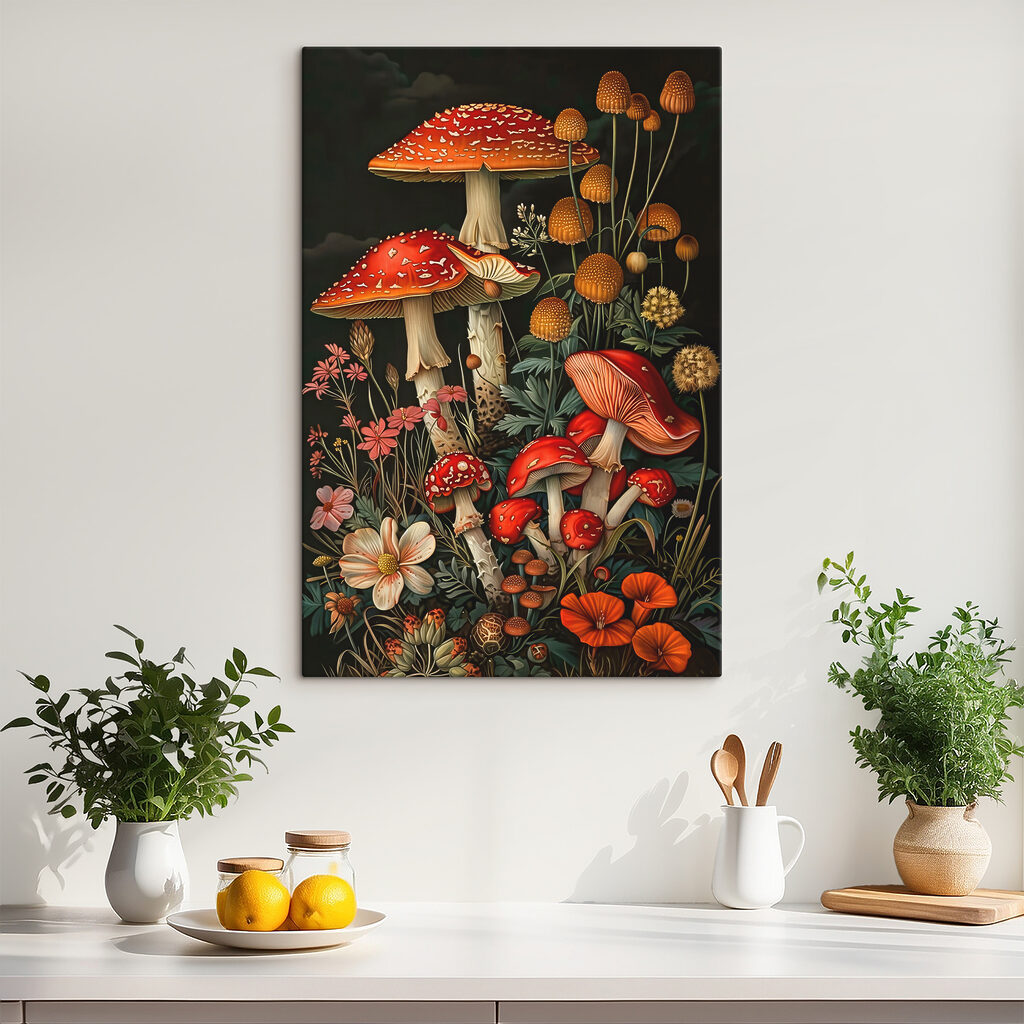 A painting of mushrooms and flowers A painting of mushrooms and flowers