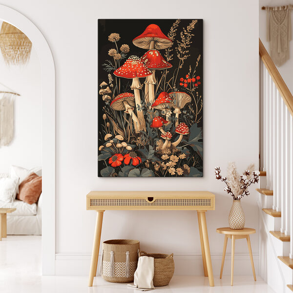 A painting of mushrooms and plants A painting of mushrooms and plants