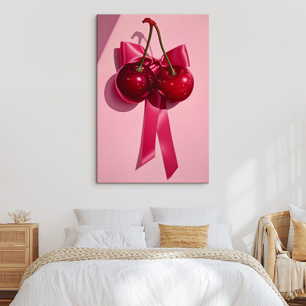 A pair of cherries tied to a bow A pair of cherries tied to a bow