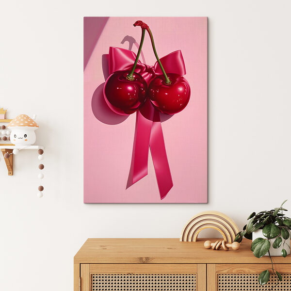 A pair of cherries tied to a bow A pair of cherries tied to a bow