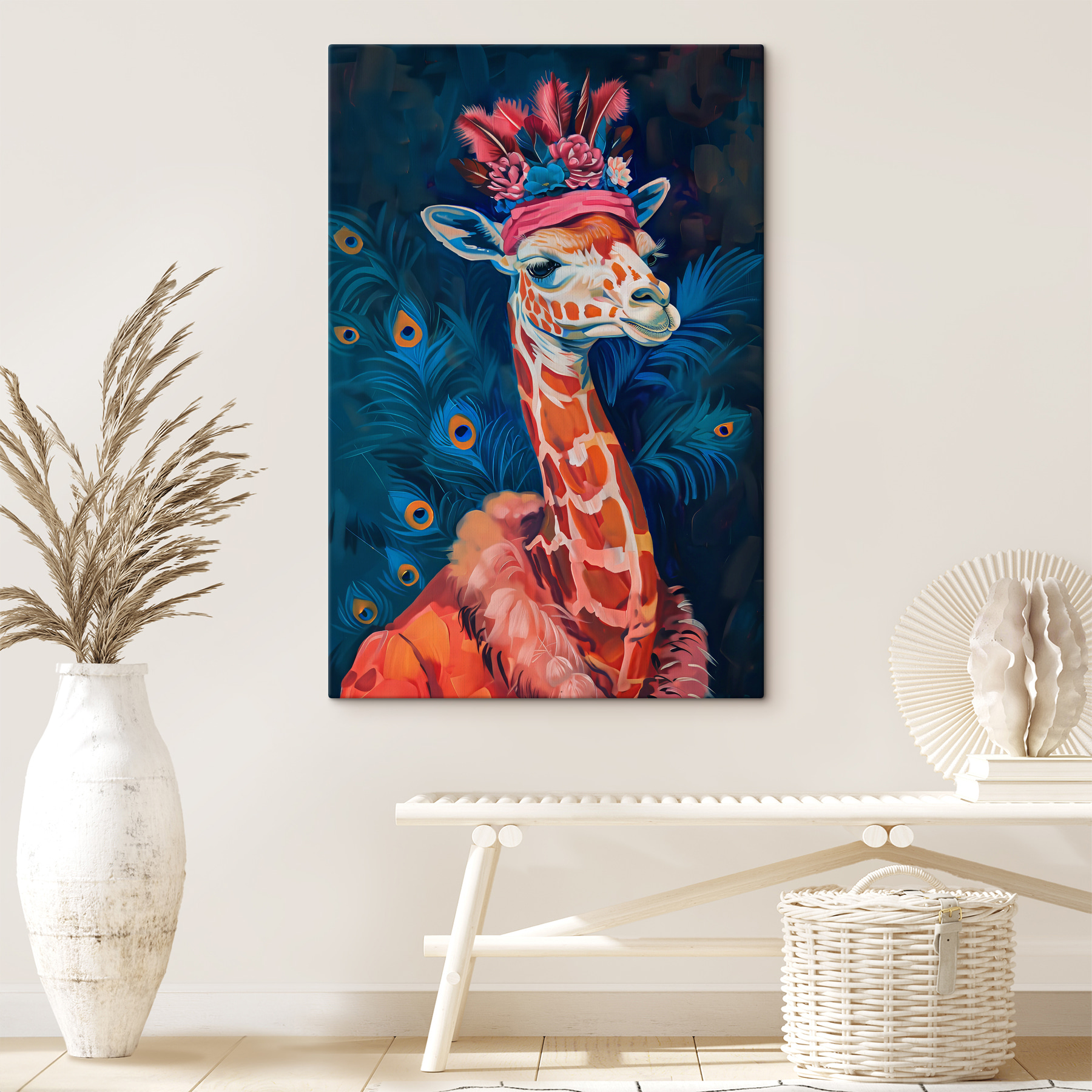 A giraffe wearing a hat