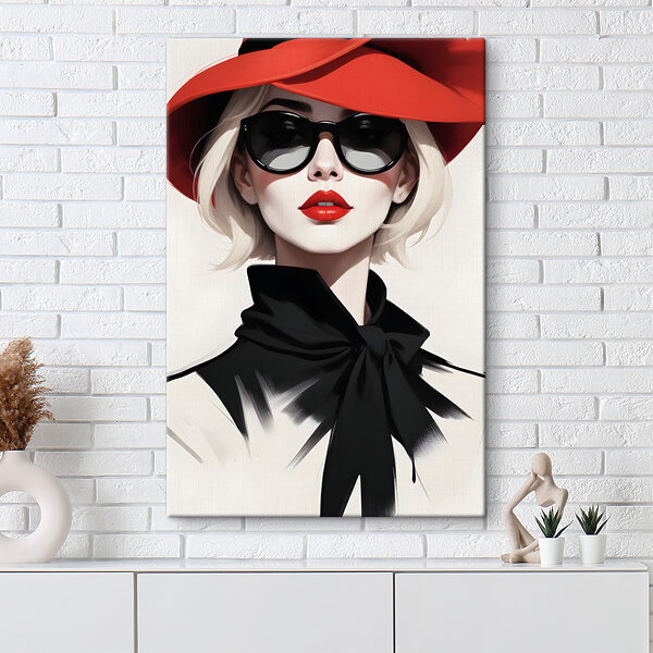 Una donna con un cappello rosso e gli occhiali da sole Quadri Una donna con un cappello rosso e gli occhiali da sole