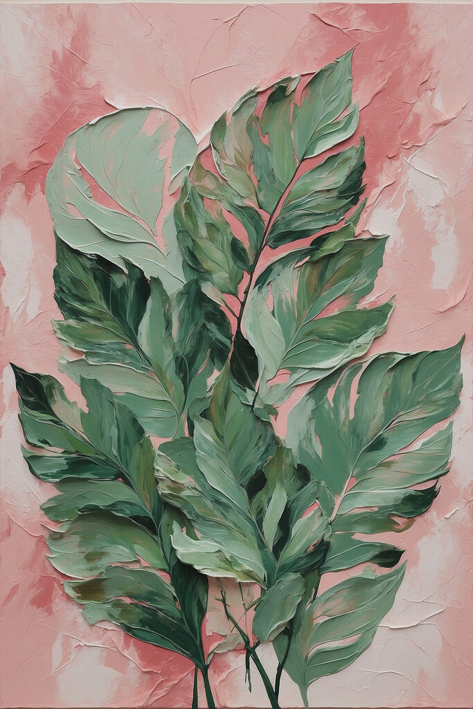 A painting of leaves on a pink background A painting of leaves on a pink background