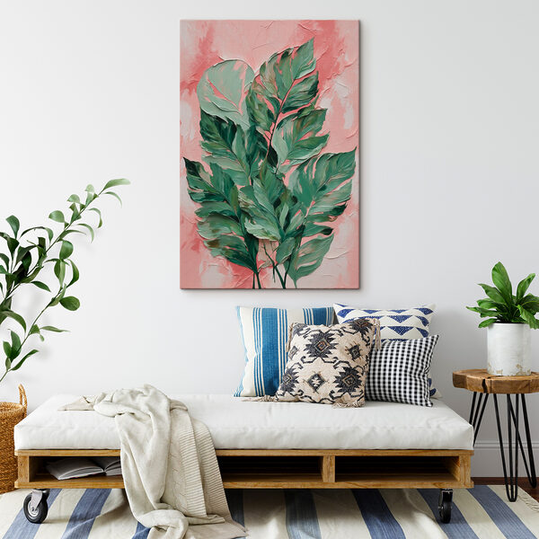 A painting of leaves on a pink background A painting of leaves on a pink background