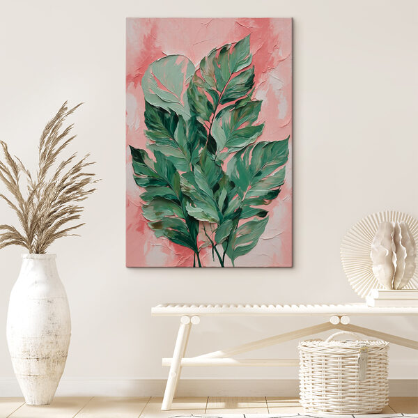 A painting of leaves on a pink background A painting of leaves on a pink background