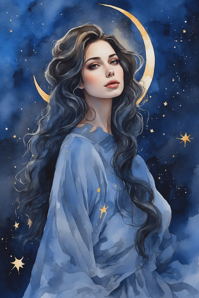 A woman with long hair and moon in the sky