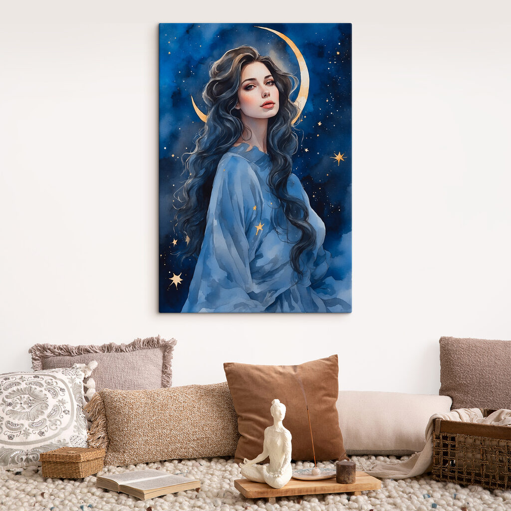 A woman with long hair and moon in the sky