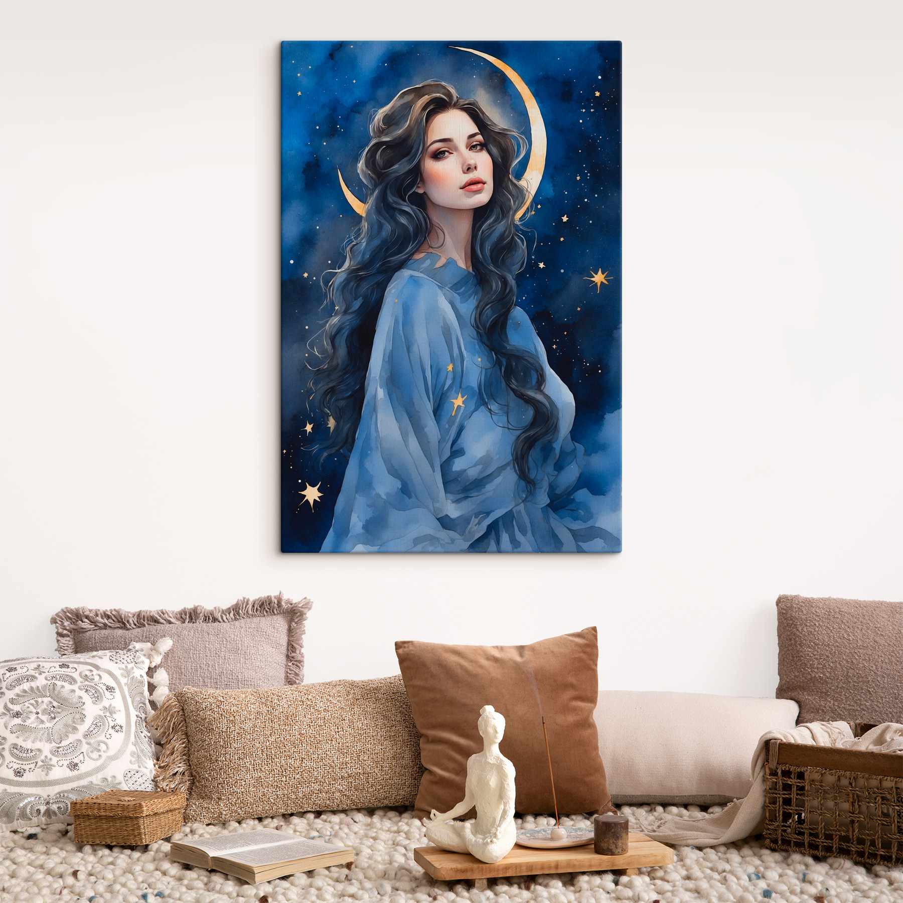 A woman with long hair and moon in the sky