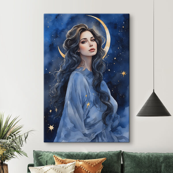A woman with long hair and moon in the sky
