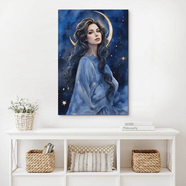 A woman with long hair and moon in the sky
