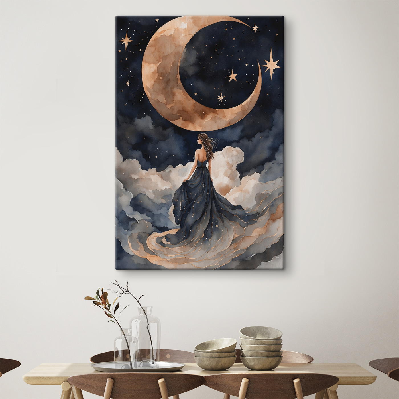 A woman in a blue dress and a moon in the sky A woman in a blue dress and a moon in the sky
