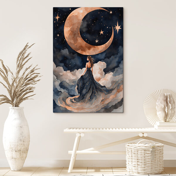 A woman in a blue dress and a moon in the sky A woman in a blue dress and a moon in the sky